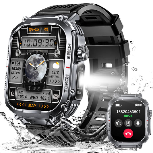 Bassizo Military Smart Watch for Men 3ATM Waterproof with Call/LED Flashlight 2.02" HD Big Screen Rugged Tactical Smartwatch with Compass Fitness Tracker with HR/SPO2/Sleep Monitor for iPhone Android