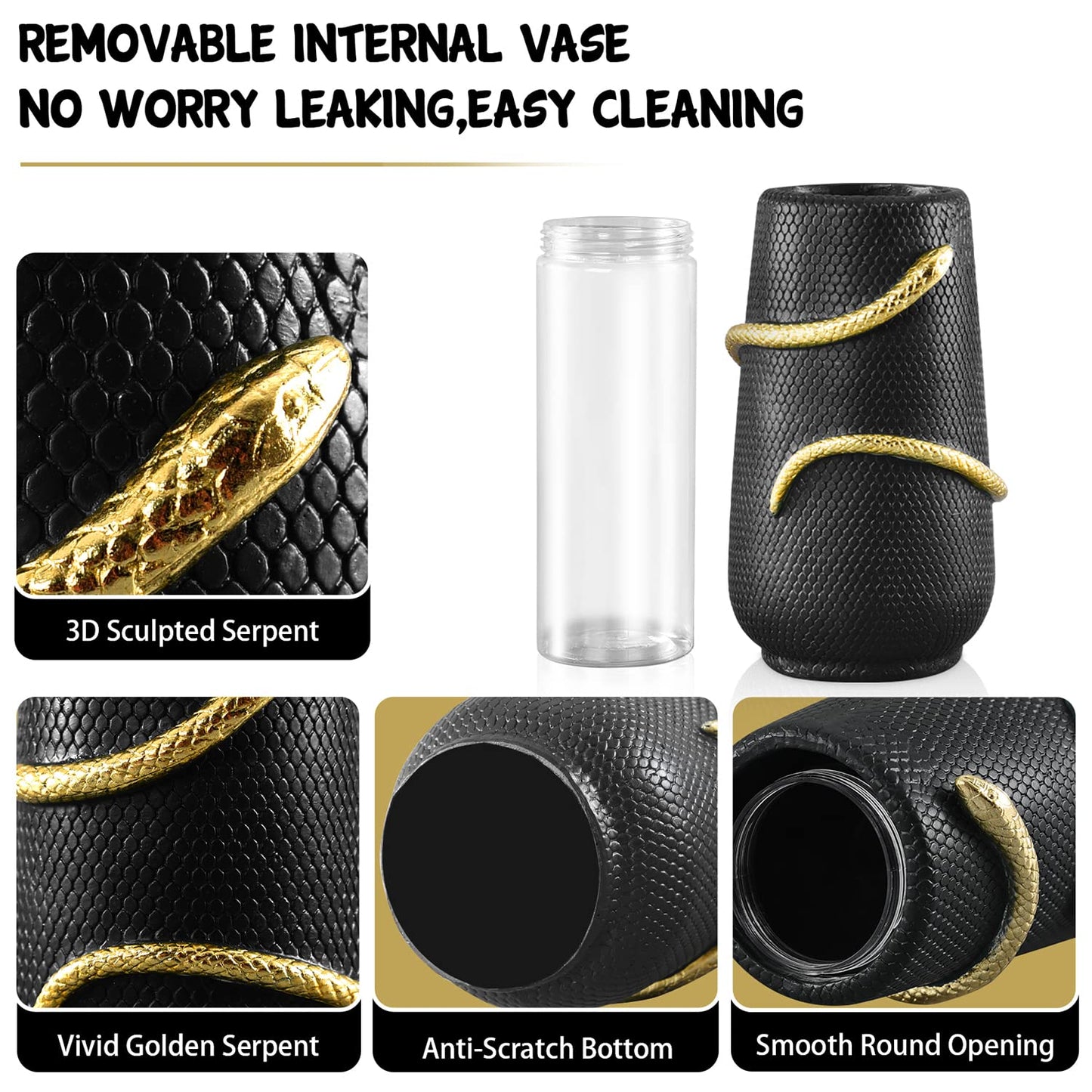 Black Flower Vase Home Decor, Halloween Decor Indoor, Unique Black Vase for Bookshelf Fireplace Bedroom Kitchen Living Room Table Centerpieces Office Desk,Boho Vase, 8" Tall