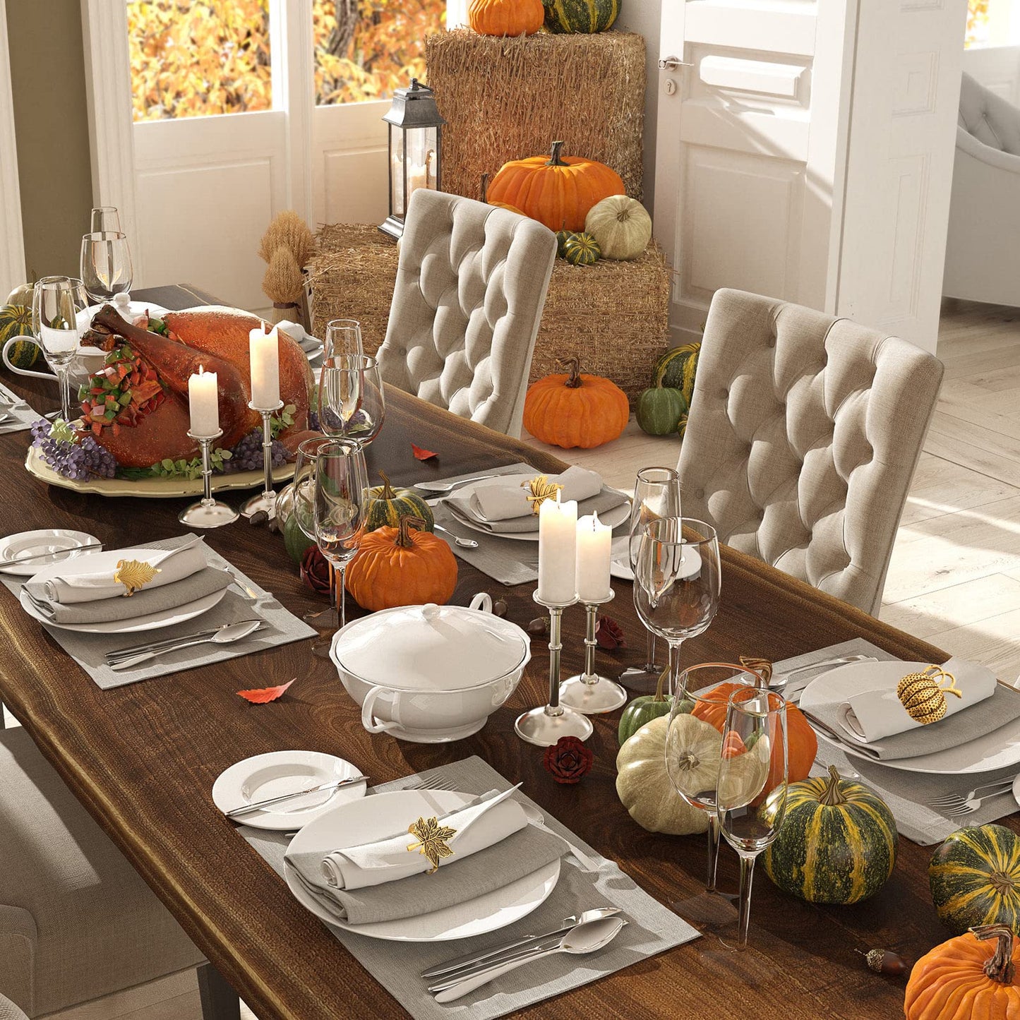 WILLBOND 12 Pcs Thanksgiving Napkin Rings Set Thanksgiving Pumpkin Leaf Themed Holders Fall Napkin Rings Alloy Design Holder Buckle for Halloween Home Party Table Decor Wedding Supplies (Golden)