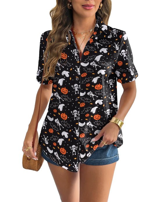 Zeagoo Women Halloween Button Down Shirt Cute Short Sleeve Pumpkin Ghost Print Blouse Ladies Casual Cotton Tops