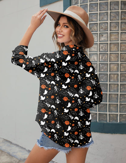 HOTOUCH Halloween Button Up Shirt Women 100% Cotton Linen Gauze Collared Blouse Long Sleeve Dressy Casual Work Top L