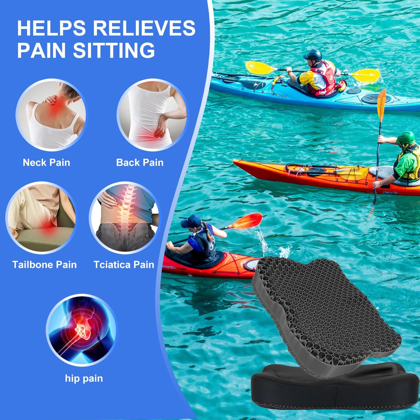 Airllantry Thicken 19.7in Seat Cushion, Gel Seat Cushion for Long Sitting–Office Chair, Wheelchair, Car Cushion, Large Cooling Pad for Back Pain, Sciatica, Tailbone Pain Relief