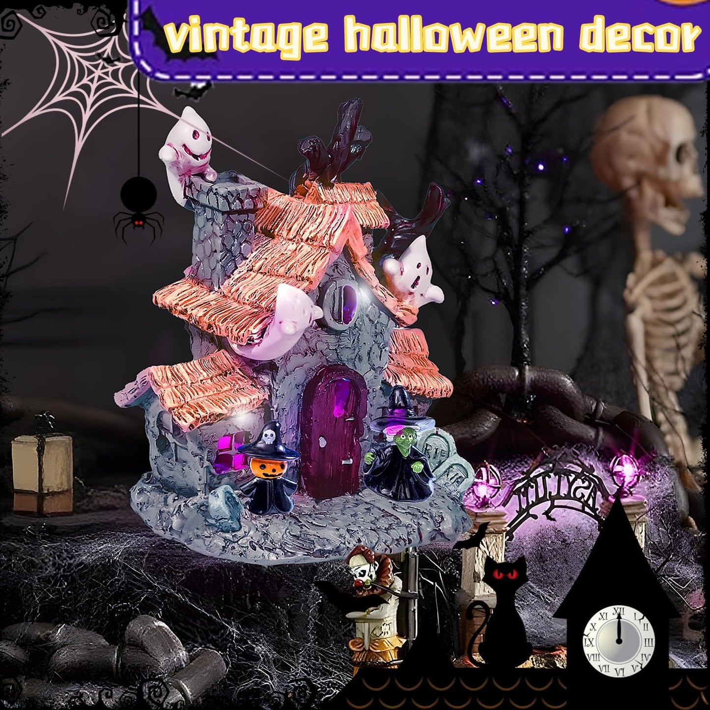 Warmtree Halloween Villages Decoration, Halloween Ghost House Resin Statue Ghosts Figurine Witch Decor for Table Outdoors Indoor Home Party Decor,5 Inch
