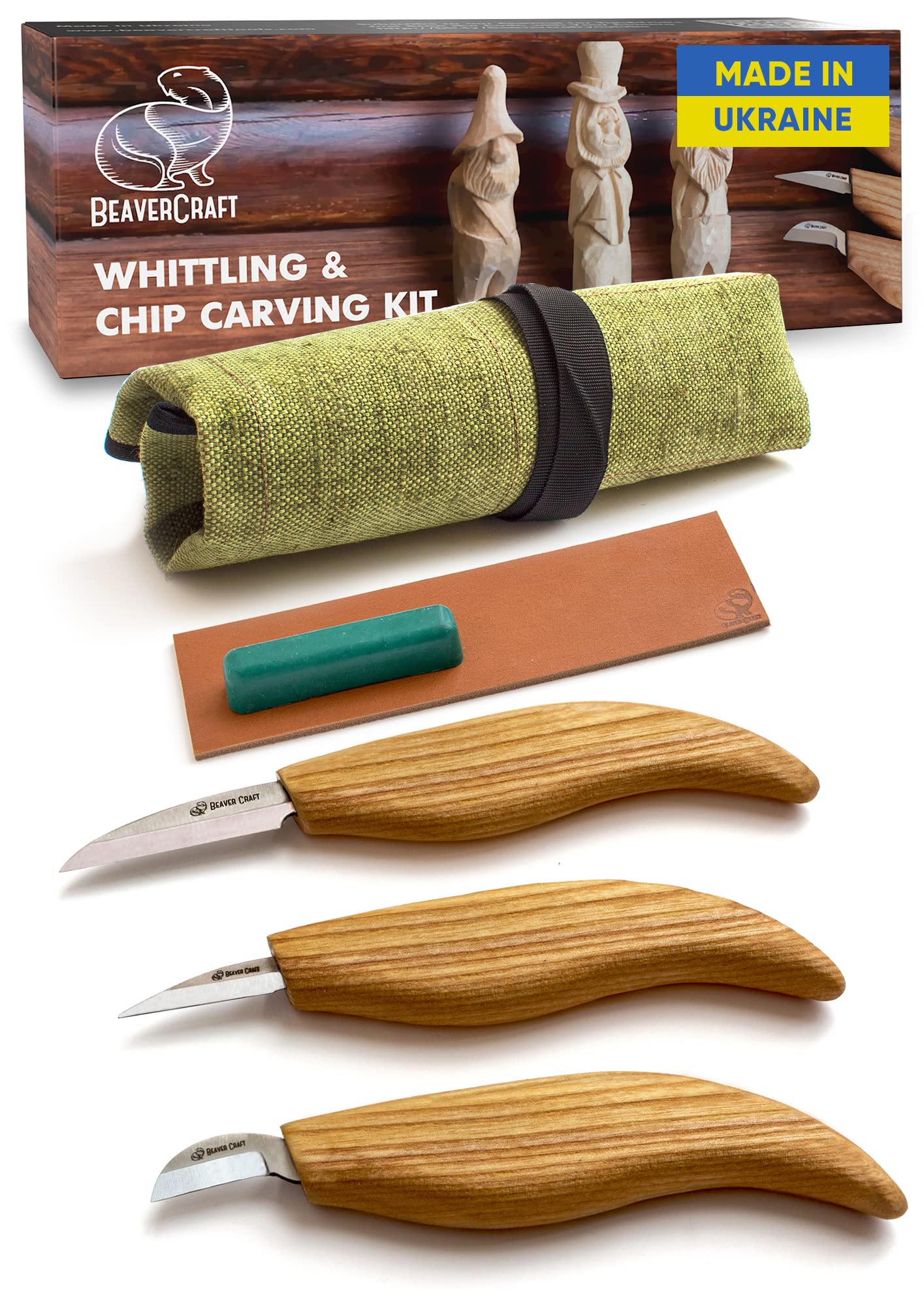 BeaverCraft Wood Carving Knife Kit S15 Whittling Kit for Beginners, Kids - Wood Carving Tools Set with Detail Chip Knife Sloyd Whittling Knives & Leather Strop, Polishing Compound and Tutorials