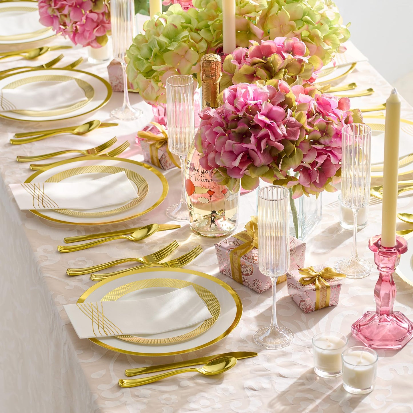 By Madee EXTRA HEAVYWEIGHT 175 Pc White and Gold Plastic Plates and Utensils Set with Linen Like Napkins – Fancy Disposable Dinnerware Set for Wedding, Bridal Showers, Special Occasion (25 Guests)