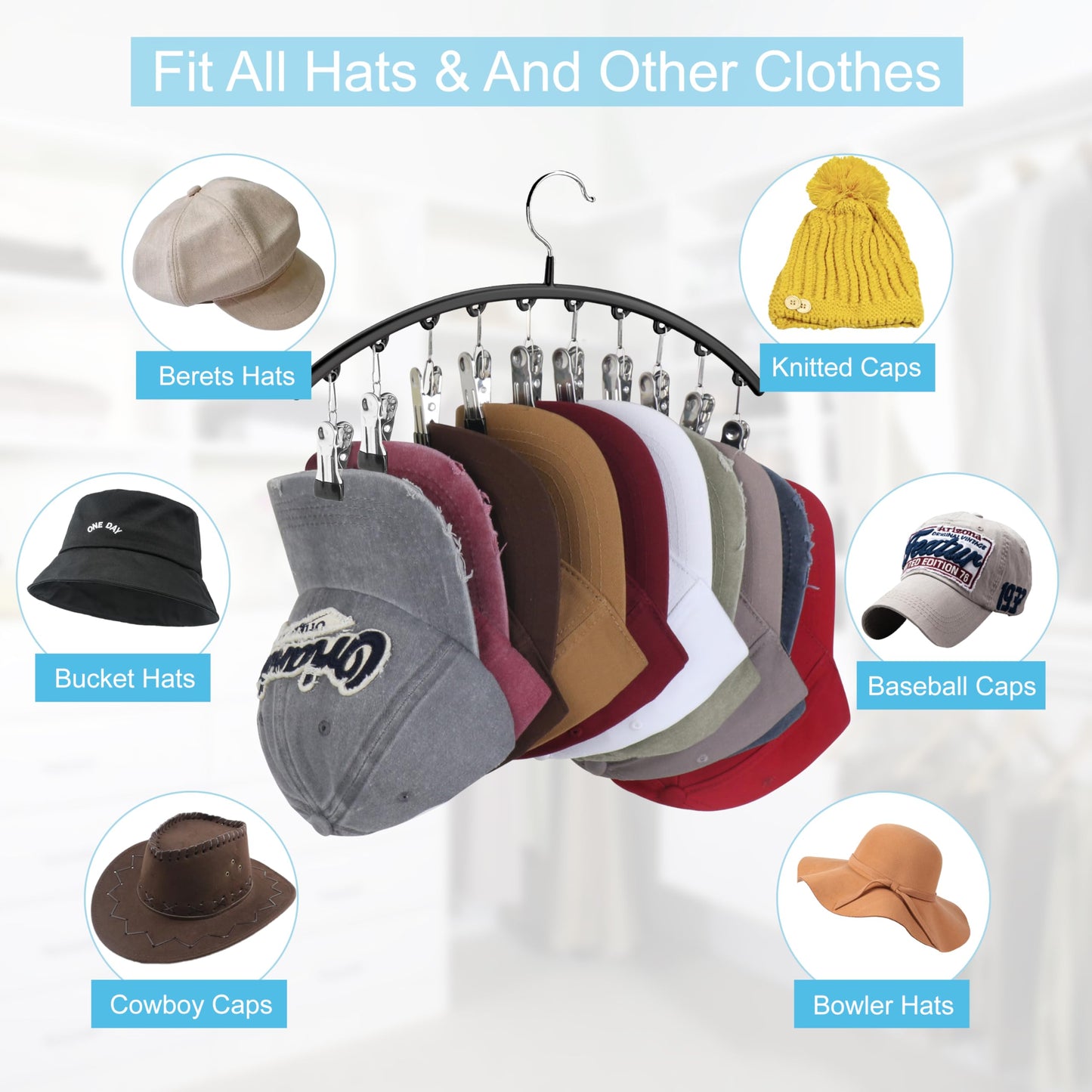 Hat Hangers for Closet, Metal 2 Pack Hat Organizer Holder for Hanger Closet Display, Hat Racks for Baseball Caps w/10 Clips, Hat Holder for Ball Caps & Accessories, for Men Women, Black