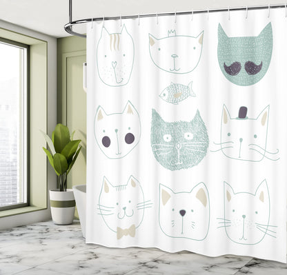 Ambesonne Cat Shower Curtain, Pets Moustache Bow Tie Hat Crown Fluffy and Fish Humor Faces Graphic, Cloth Fabric Bathroom Decor Set with Hooks, 69" W x 84" L, Soft Teal