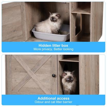 Hey-brother Cat Tree with Litter Box Enclosure, Modern Cat Tower for Indoor Cats with Large Platform, Condo Food Station and 2 Hammocks, All-in-one Cat Furniture, Wood Rustic Gray MPJ115SG