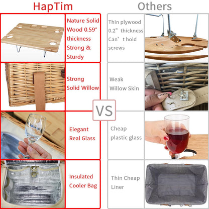 Hap Tim Wicker Picnic Basket for 2 with Mini Folding Wine Picnic Table & Large Insulated Cooler Bag & Cutlery Service Kits for 2 Person, Couples Gifts, Wedding Gifts (Y2307-2-CM)