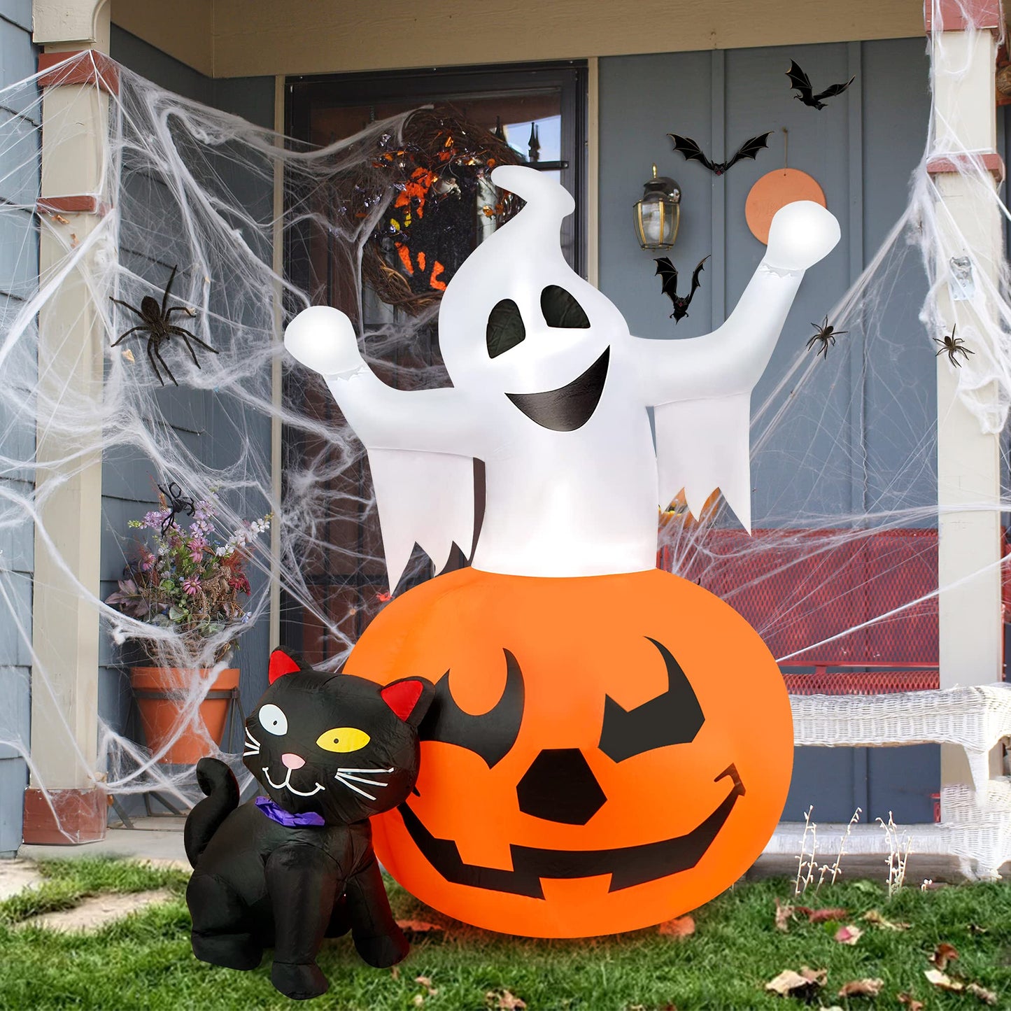 5 FT Halloween Inflatables Outdoor Spooky Pumpkin and Witch' s Black Cat Combo Inflatable Decor, Halloween Blow Up Yard Decorations Clearance with Build-in LED Lights, Halloween Outdoor Decorations