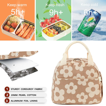 Bluboon Lunch Bag for Women Men Cute Corduroy Lunch Tote Bags Reusable Insulated Lunch Box Large Capacity Reusable Insulated Cooler for Work Picnic or Travel