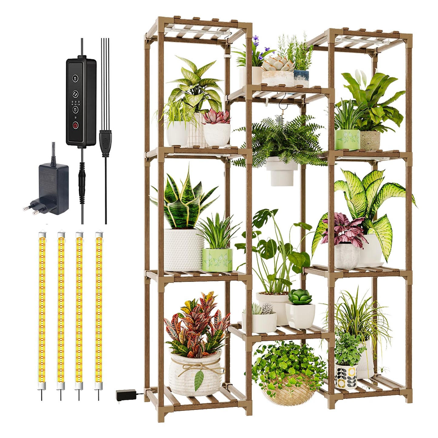 Bamworld Plant Stand with Grow Light Plant Shelf for Mutiple Pots Large Plant Holder for Living Room Patio Boho Home Decor for Gardening Warm Light