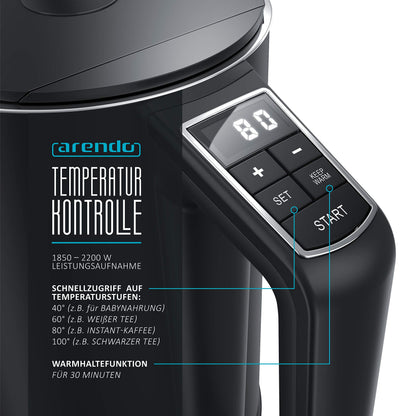 Arendo - Stainless Steel Kettle with Temperature Setting 40-100 Degrees in 5 Steps - Double Wall Design - Elegant Model - 1.5 Litre - 2200 W - Tea Maker with Temperature Display - GS - Black