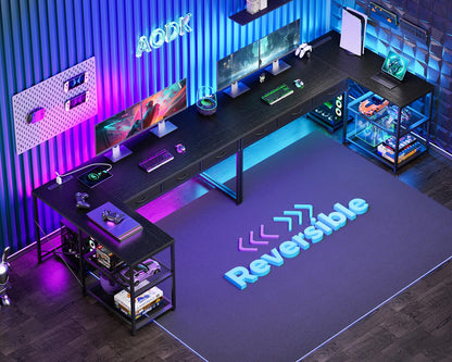 AODK 53 Inch L Shaped Computer Desk with Drawers, Corner Desk with Power Outlets & Reversible Storage Shelves, Movable CPU Stand for Home Office Gaming, Black