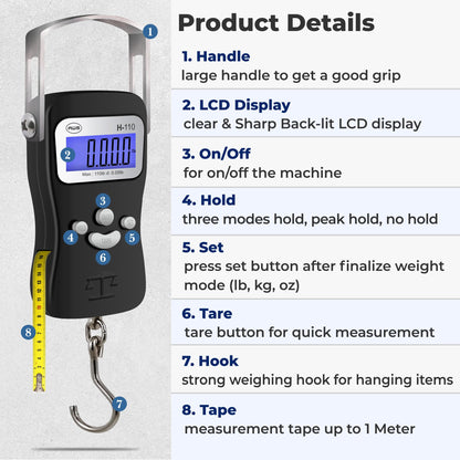 AWS Digital Luggage Scale, Fish Weighing Scale, Hanging Scale 110lb/50kg – Die-Cast Metal Construction, Built-in Tape Measure, Hook & Handle – for Travel, Fishing, Archery, Hunting, Outdoor (Black)