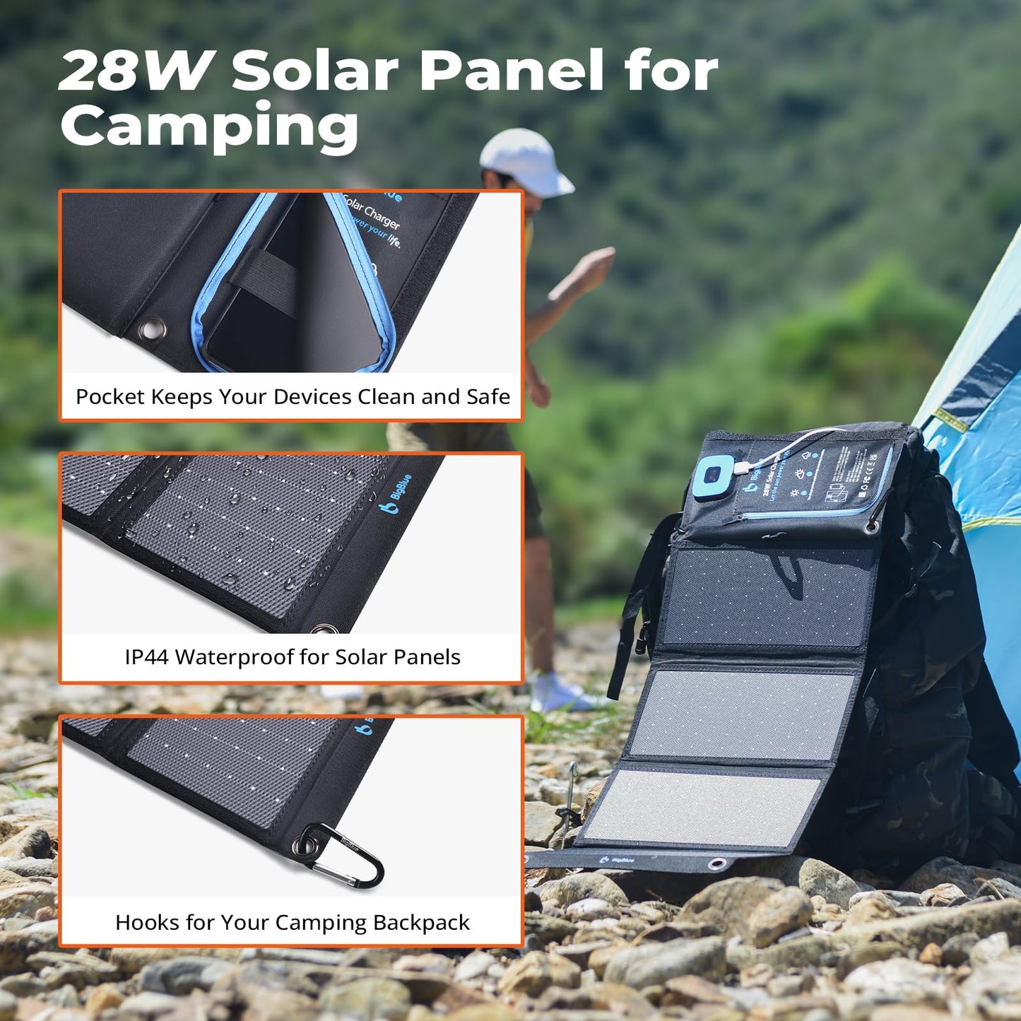 BigBlue Portable Solar Charger 28W with Digital Ammeter,25.4% High-Efficiency, USB-A/USB-C Ports, Folding Waterproof Solar Panels with Carabiners for Camping, Backpacking, Phones, Tablets, Power Bank