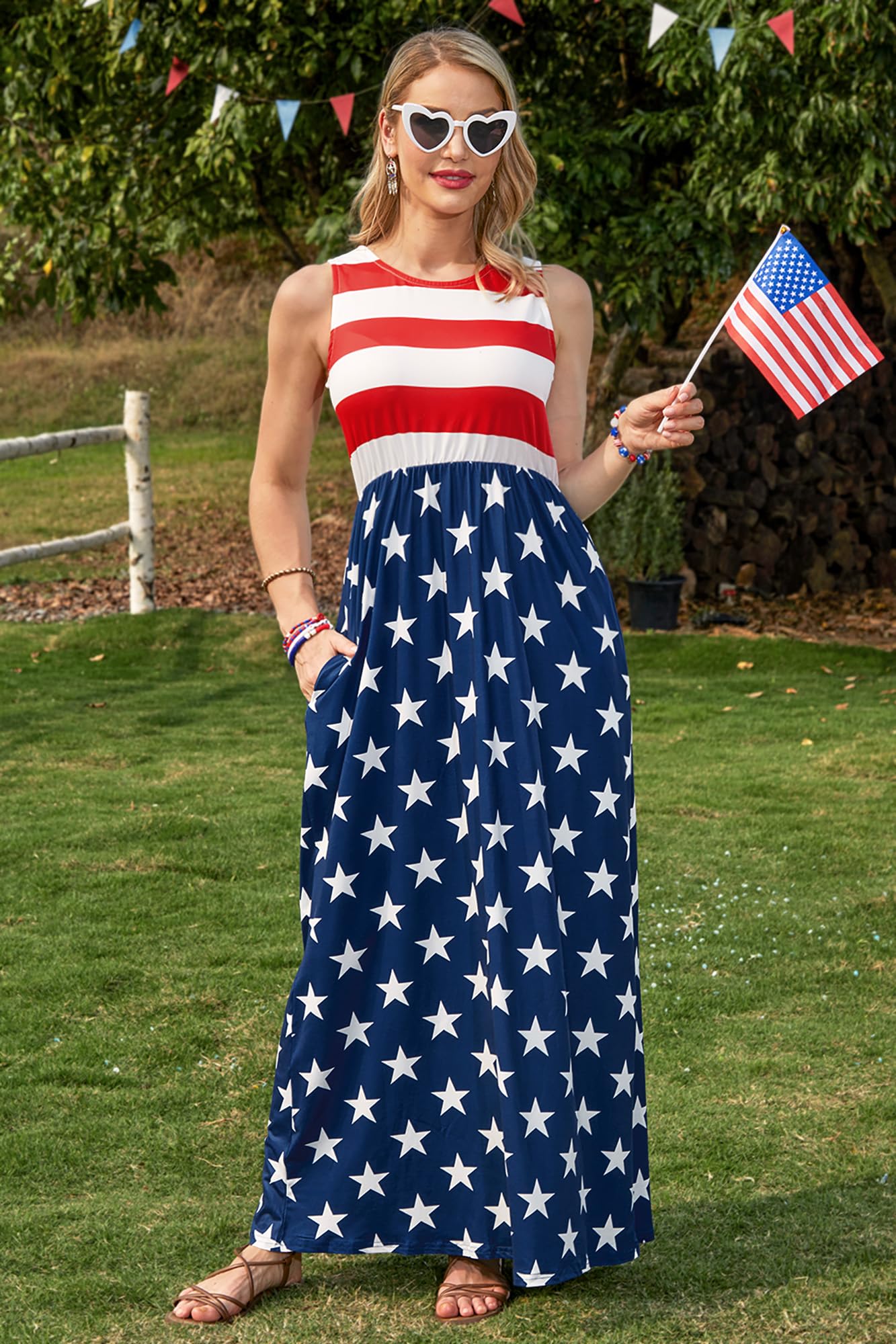 4th of July Stars and Stripes Sundress Patriotic Casual Sleeveless Maxi Dress American Flag M
