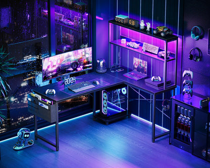 AODK L Shaped Desk Gaming Desk with LED Light & Power Outlet, 53 Inch Reversible L Shaped Computer Table with Shelf & Storage Bag & Hook for Home Office, Black