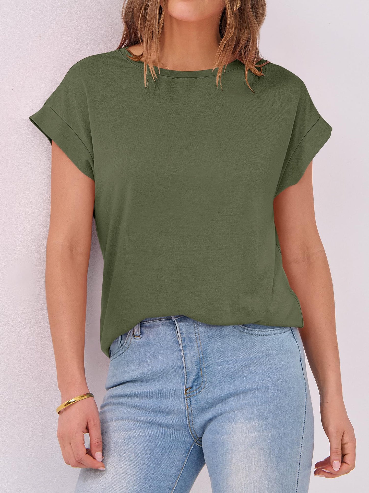 ANRABESS Womens Tops Summer Cap Sleeve Basic Tee Shirts 2025 Trendy Loose Fit Casual Dressy Business Work Tshirts Clothes Army Green Small
