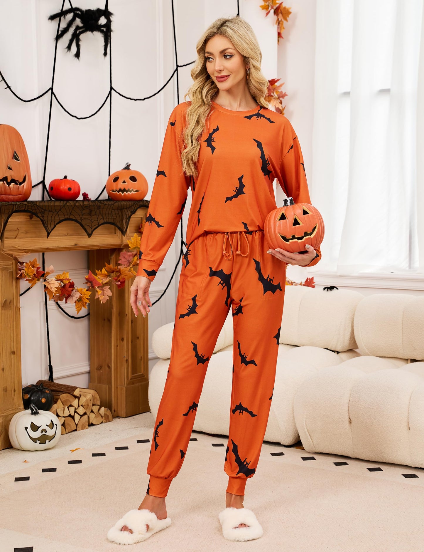 Blooming Jelly Womens Cute Pajama Sets Bat Halloween Pajamas Long Sleeve Pjs Lounge Set 2025 (S, Orange)