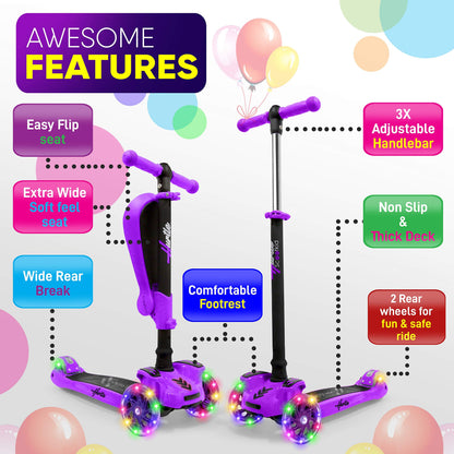 Hurtle Kids Scooter - Child Toddler Kick Scooter Toy with Foldable Seat - 3 Wheel Scooter with Adjustable Height, Anti-Slip Deck, Flashing Wheel Lights, for Boys/Girls 1-12 Year Old, Purple
