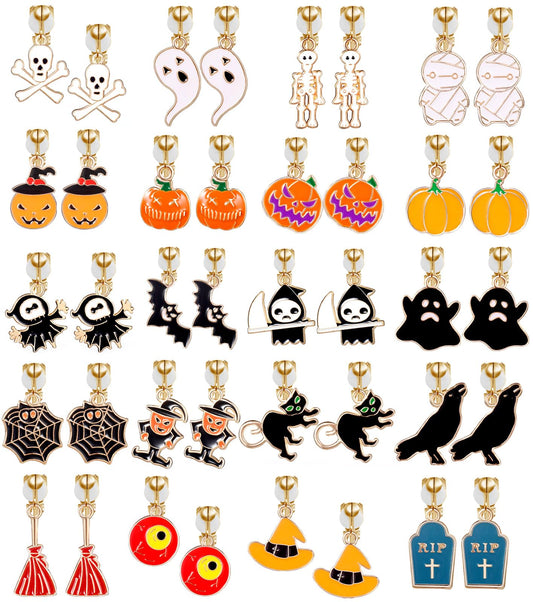 A Halloween Earrings Set of 20 Pairs Clip on Earrings for Without Pierced Ears,Vibrant Themes Like Pumpkin,Magic Broom, Fifty Hats, Crow, Bat, Black Cat