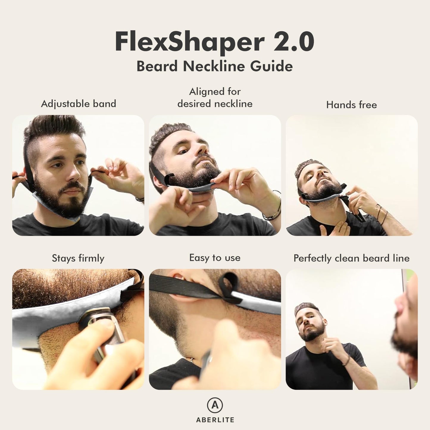 Aberlite FlexShaper 2.0 - Beard Shaper for Men - Hands-Free & Flexible Neckline Guide - Beard Trimmer Tool - Lineup Stencil Kit - White