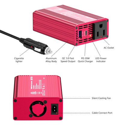BESTEK 200W Car Power Inverter with Dual USB PD 20W QC 3.0 18W and DC 12V to AC 110V, Car Charger Adapter and Cigarette Lighter Socket