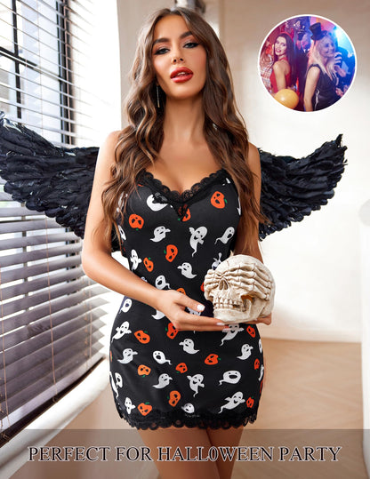 Avidlove Chemises Nightgowns V Neck Full Slip Skull Nightdress Sexy Sleepwear for Women Lace Lounge Sleepwear Dress Printed Pumpkin (PAT17, M)
