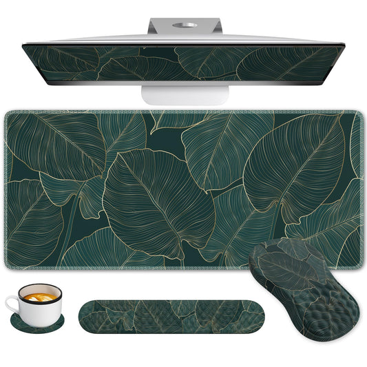AnyShock 4 in 1Desk Mat for Keyboard and Mouse, Ergonomic Green Mouse Pad with Memory Foam Wrist Rest, Large Desk Pad Mat, Soft Wrist Support for Keyboard (Palm Leaves)