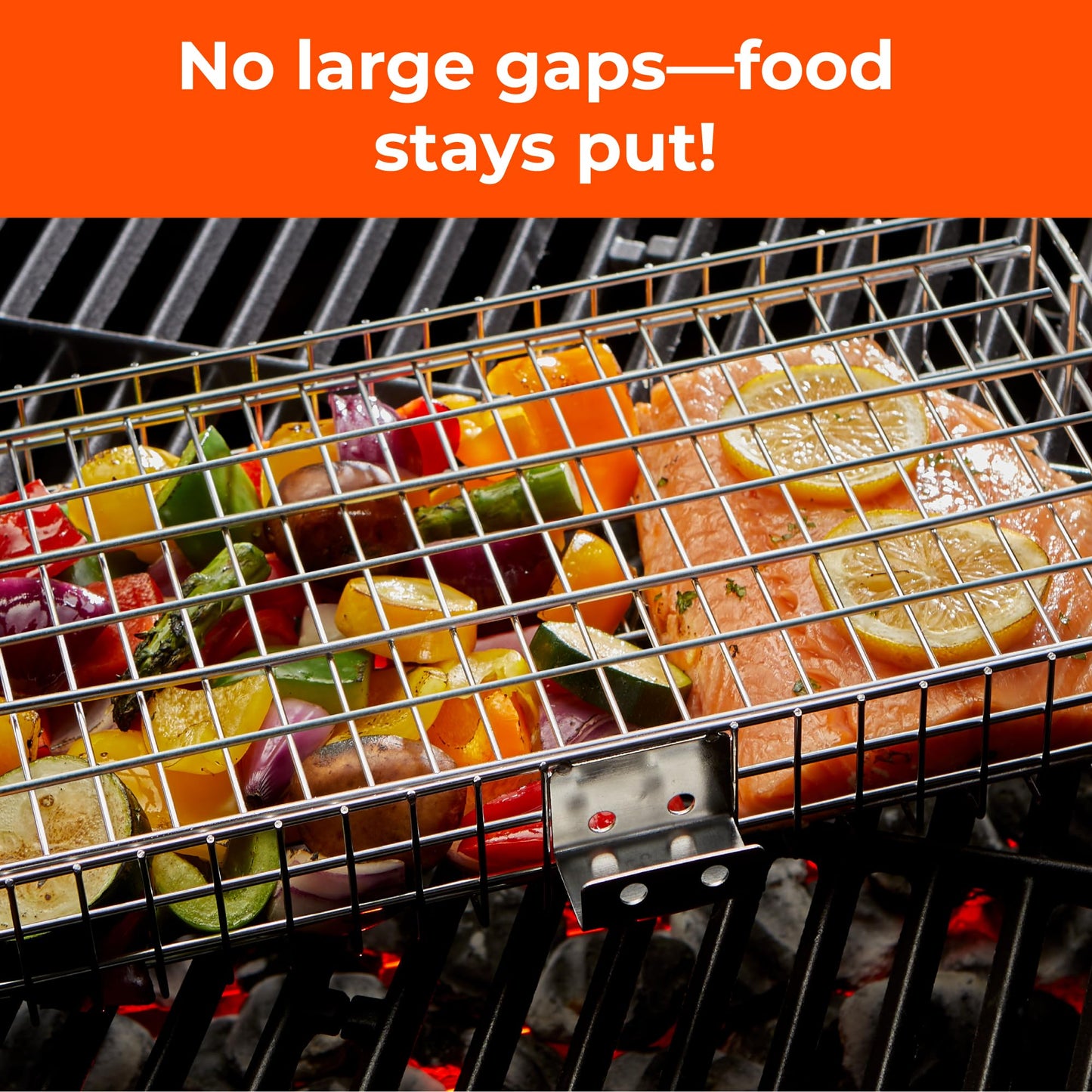 Adjustable Grill Basket w/Removable Handle - 4 Levels of adjustment for endless cooking options - Accessories include basting brush, scrub sponge, & storage bag