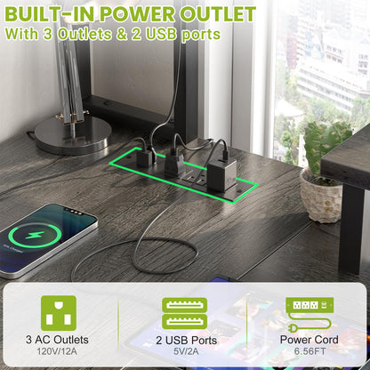 Besiost Small L Shaped Gaming Desk with Power Outlets, 48" Reversible L Shaped LED Computer Desk with Monitor Stand & Storage Shelf, Corner Gamer Desk Home Office Desk with Storage Bag, Black Oak