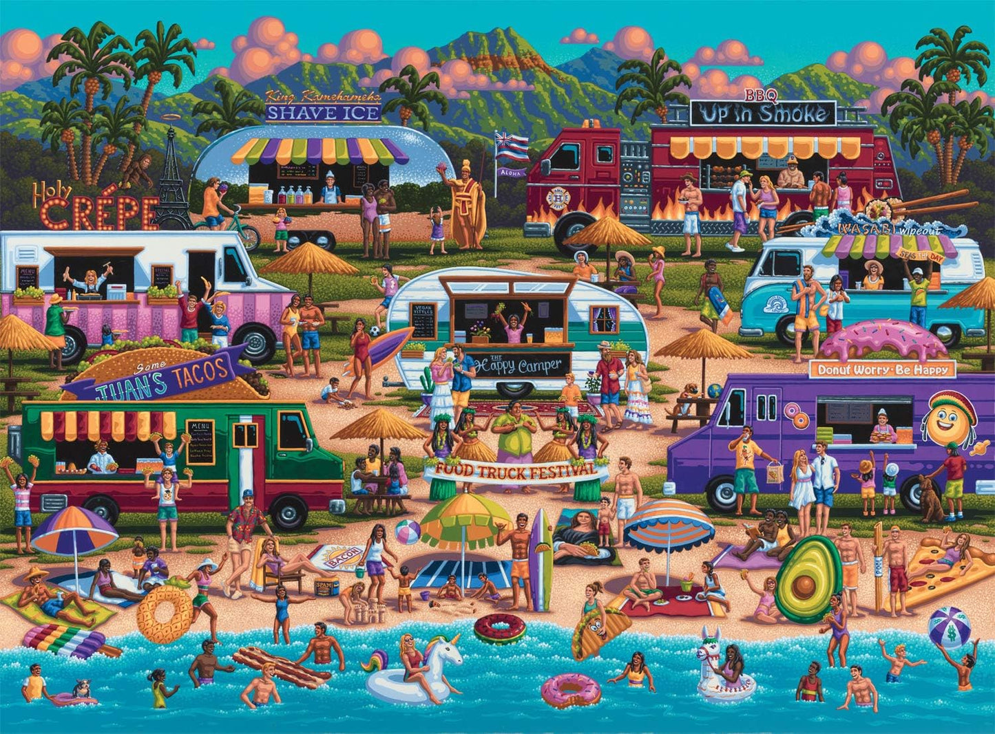 Buffalo Games - Pun Fuzzles - Hawaiian Food Truck Festival - 1000 Piece Jigsaw Puzzle For Adults -Challenging Puzzle Perfect for Game Nights - Finished Size is 26.75 x 19.75