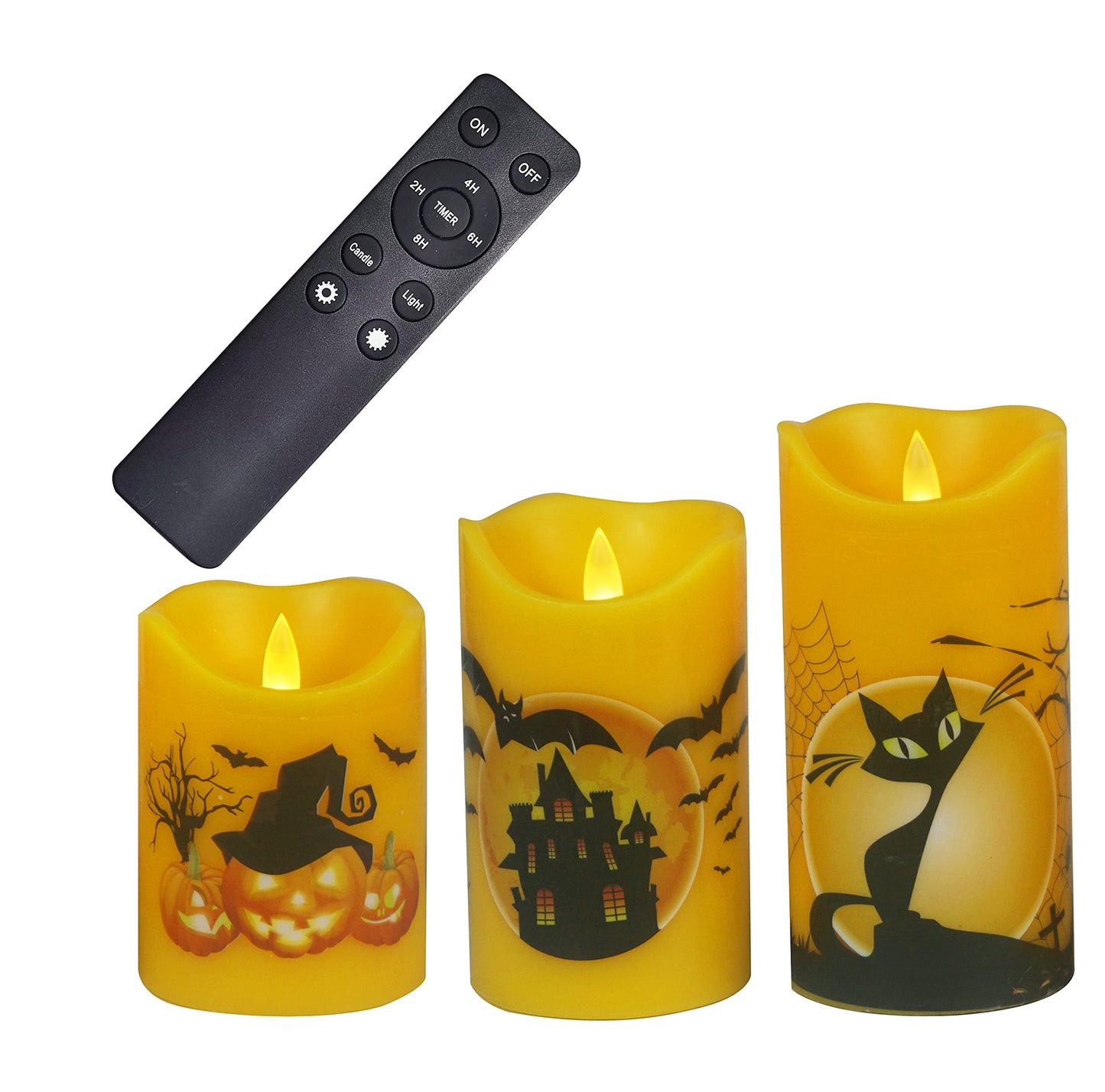 CANDLE CHOICE Halloween Flameless Candles with Remote Timer Real Wax Realistic Flickering Fake Electric Battery Operated LED Pillars with Halloween Theme Decals for Halloween Party Decorations 3 Pack