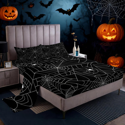 Boys Spider Web Sheet Set for Kids Children Halloween Themed Bed Sheet Set Full Girls Decorative Scary Spider Pattern Sheets Soft Bed Set Black White,Flat Sheet+ Fitted Sheet + 2 Pillow Case