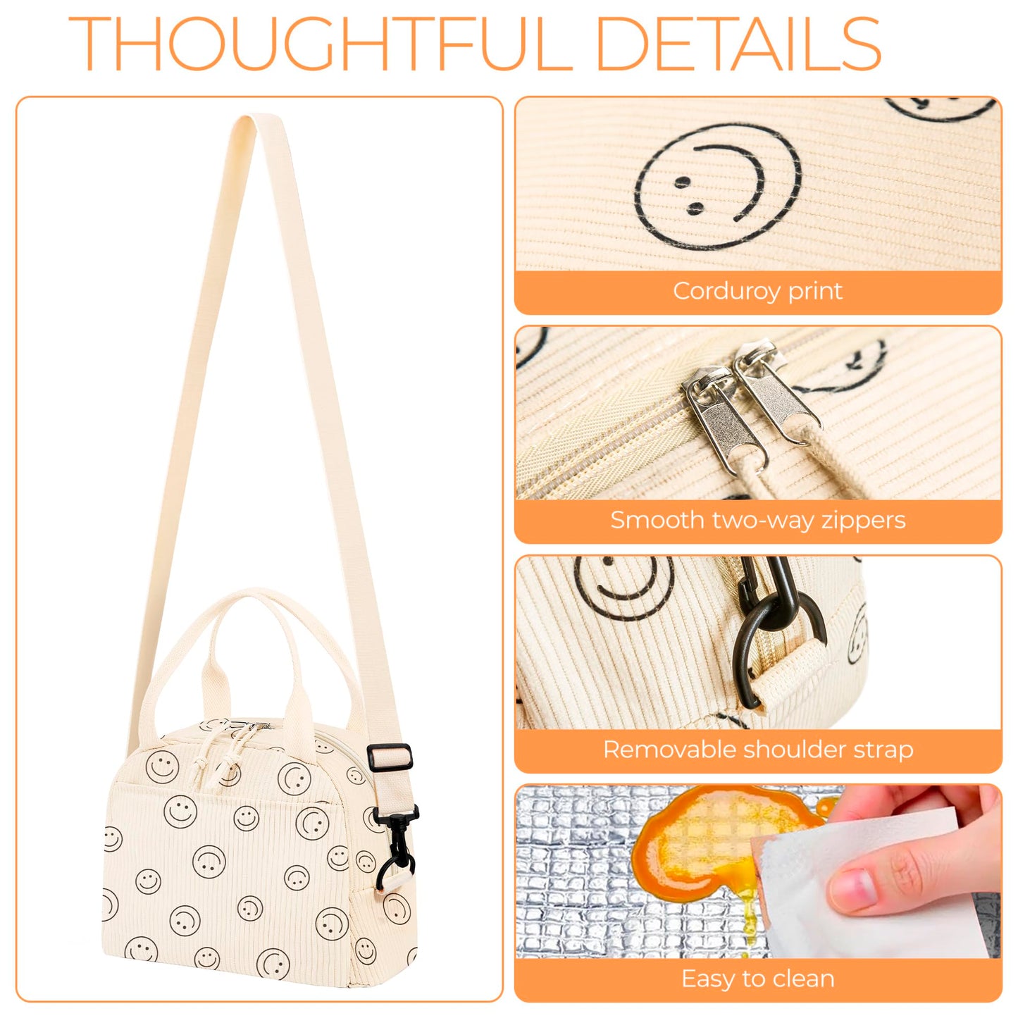 WOBAGMEN Lunch Box for Women,Smiley Lunch Bag Cute Corduroy Insulated Lunch Box With Shoulder Strap for Adult Womens for Work Picnic(smiley)