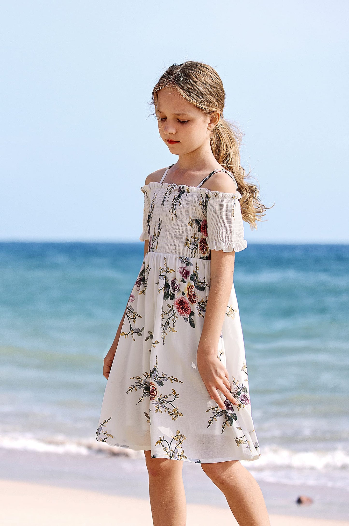 Arshiner Girl Short Sleeve Floral Print Cute Casual Fit and Party Dress White for 12-13 Years