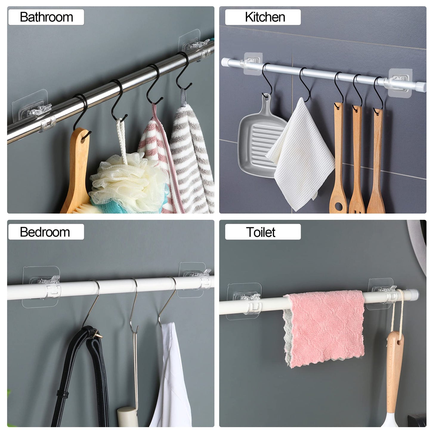 8PCS No Drill Curtain Rod Brackets No Drilling Self Adhesive Curtain Rod Holder Hooks Nail Free Adjustable Curtain Rod Hooks Curtain Hangers for Bathroom Kitchen Home Bathroom and Hotel (Transparent)