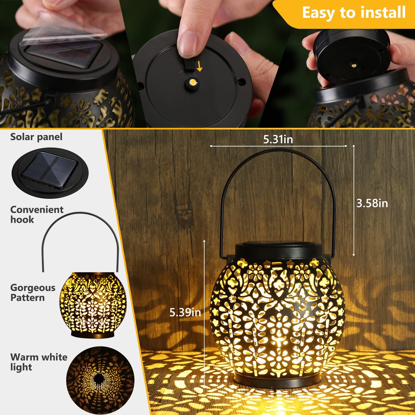 Brizled Solar Lantern Lights, 2 Pack Outdoor LED Hanging Lantern Lights with Star Projection, Warm White Solar Garden Lighting Retro Table Lanterns Light Waterproof for Garden Patio Courtyard Path