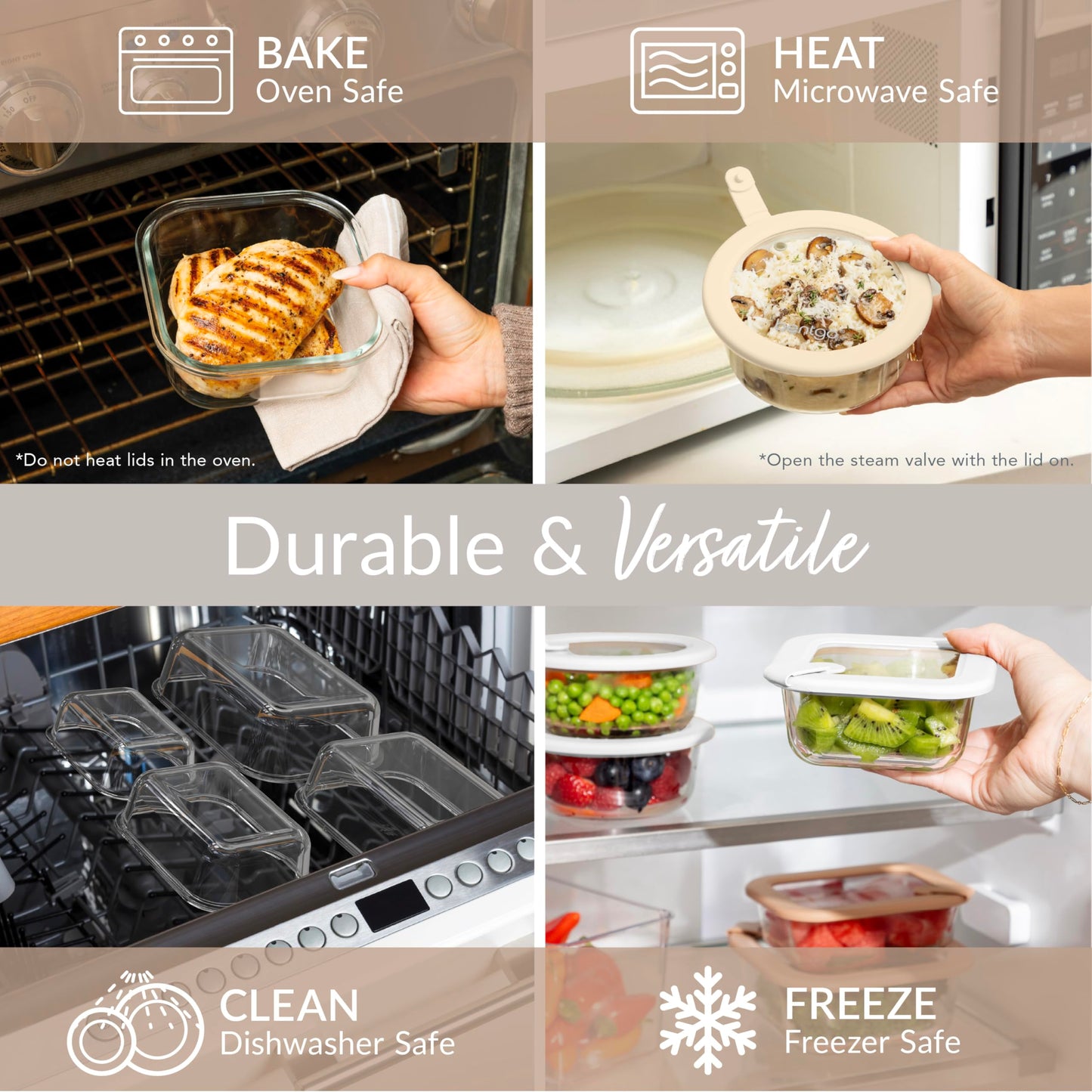 Bentgo Signature Leak-Proof Glass Food Storage - 8-Piece Set, 1-Compartment Plastic-Free Containers with Airtight Glass Lids, BPA-Free, Microwave, Freezer, Oven & Dishwasher Safe (White Stone)