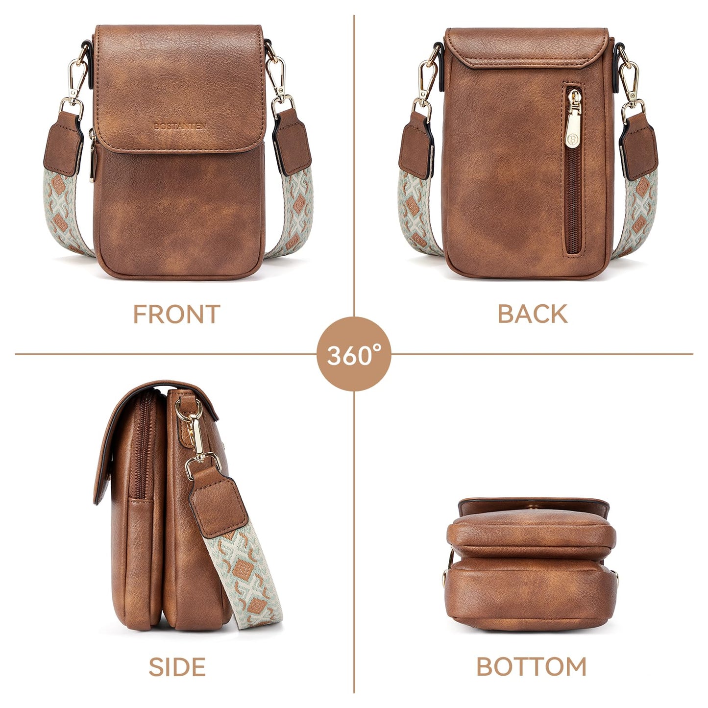 BOSTANTEN Small Crossbody Bags for Women Cell Phone Purse Leather Wallet Handbags with Card Slots Brown