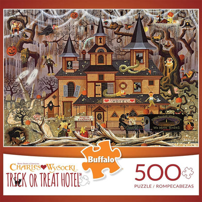 Buffalo Games - Charles Wysocki - Wysocki - Trick or Treat Hotel - 500 Piece Jigsaw Puzzle For Adults -Challenging Puzzle Perfect for Game Nights - Finished Size is 21.25 x 15.00