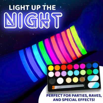 Blue Squid UV Neon Face and Body Paint Glow in the Dark Face Paint Kit 20 Colors Black Light with Stencils, Book - Safe for Sensitive Skin, Non-Toxic UV Painting Professional Accessories Kids Adults