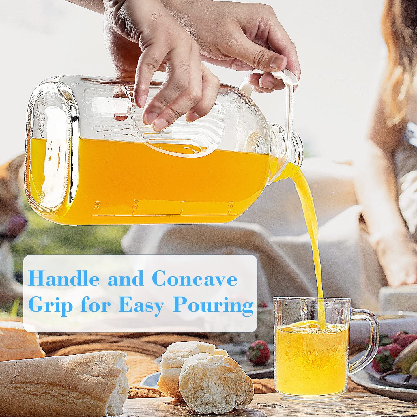 3 Pack 2 Qt Glass Water Bottles with Handle and Airtight Reusable SCREW LID - 64 Oz Juice Jugs, 1/2 Gallon Glass Milk Container for Fridge, Breast Milk Jug Pitcher with Scales, Extra Lids & Handles