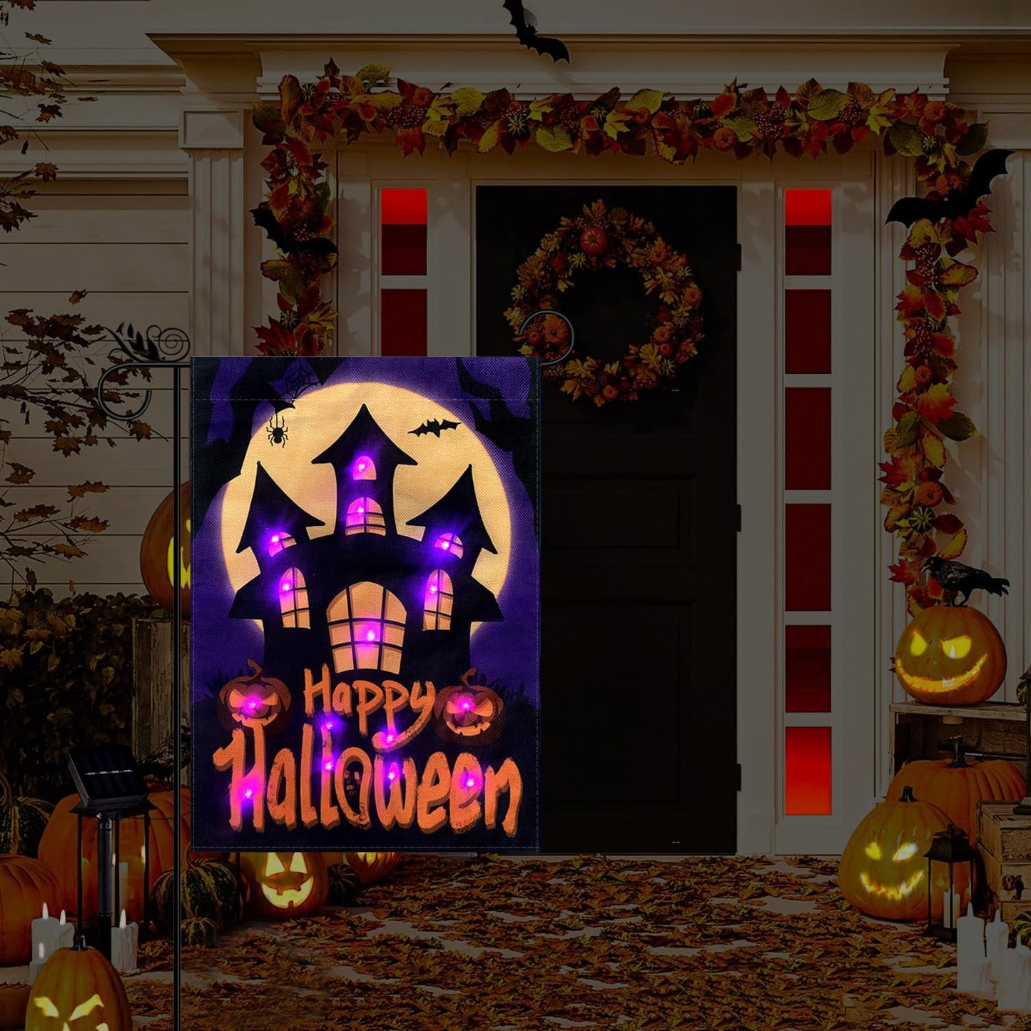 Happy Halloween Garden Flag LED Lighted Vertical Double Sided Garden Flag Halloween Castle Holiday Farmhouse Outdoor Yard Lawn Decoration 12.5 x 18 Inch
