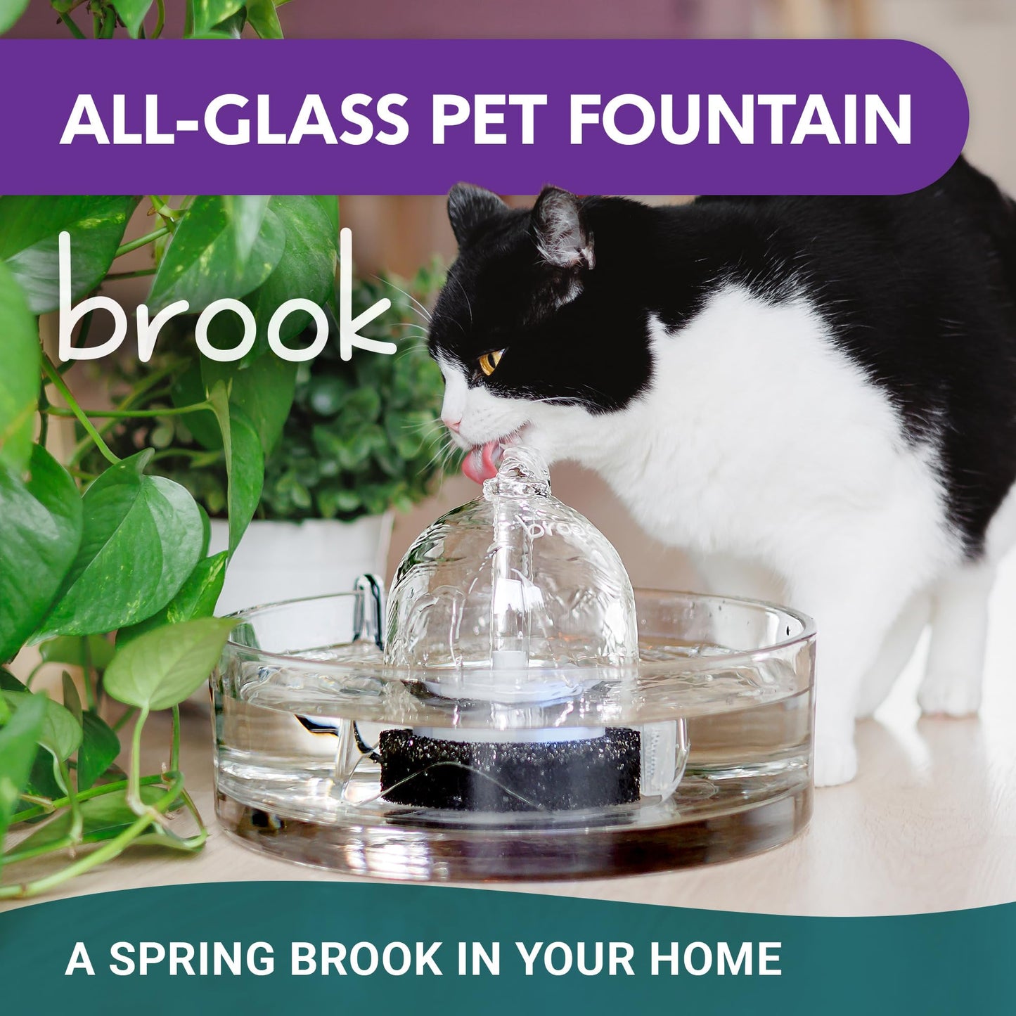 Brook Glass Pet Fountain (90oz/2.7L) – Cat Water Fountain & Small Dog Drinking Fountain – Automatic Water Dispenser Cat Fountain