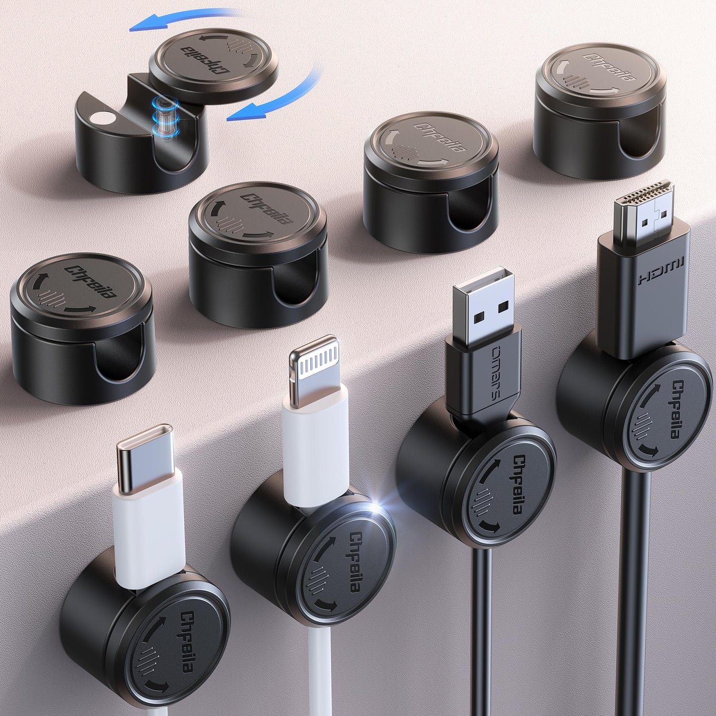 9 Pack Cord Organizer, Chfeila [360°Rotating Twist-Lock] Magnetic Cable Management Clips, Adhesive Phone Charging Keeper Wire Cord Holder for Nightstand/Car/Wall, Office Desk Accessories Decor (Black)