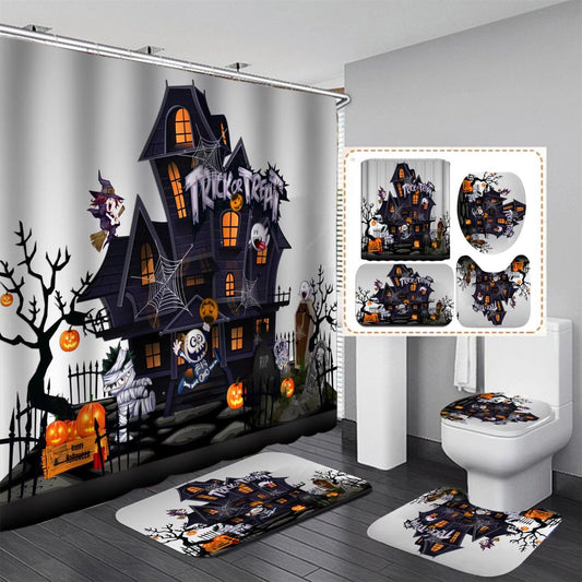 AZHM Halloween Shower Curtain Sets Haunted House Pumpkin Shower Curtains with 12 Hooks, Bathroom Decor Sets with Curtain and Rugs