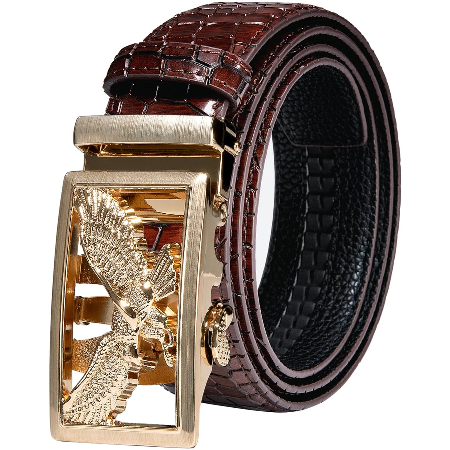 Barry.Wang Mens Burgundy Belt Genuine Leather with Gold Eagle Buckle Design Wedding Luxury Gift Adjustable