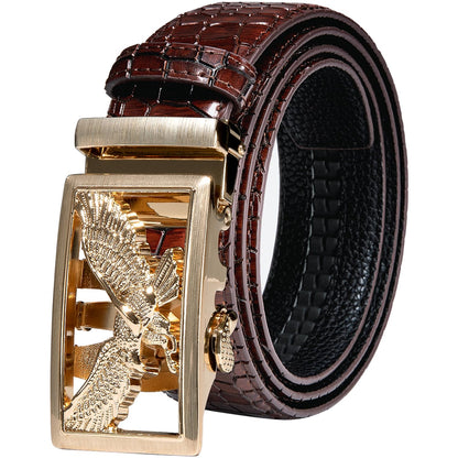 Barry.Wang Mens Burgundy Belt Genuine Leather with Gold Eagle Buckle Design Wedding Luxury Gift Adjustable